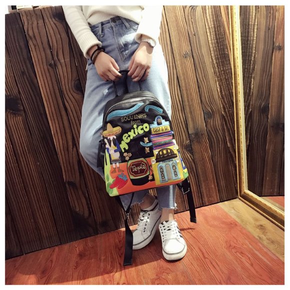 Women Leather Patchwork Embroidery Backpack